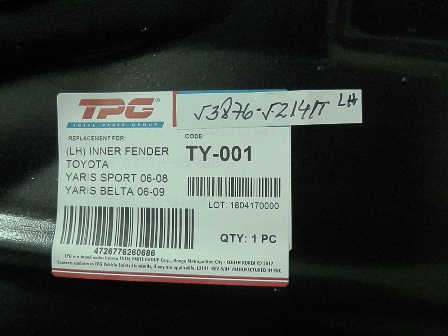 GUARDAPOLVO GUARDAFANGO DELANTERO IZQUIERDO YARIS SPORT, HATCHBACK